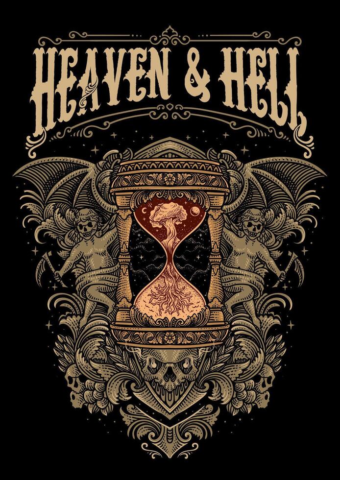 Heaven and Hell Hourglass with Angelic Demons and engraving ornament style. vector