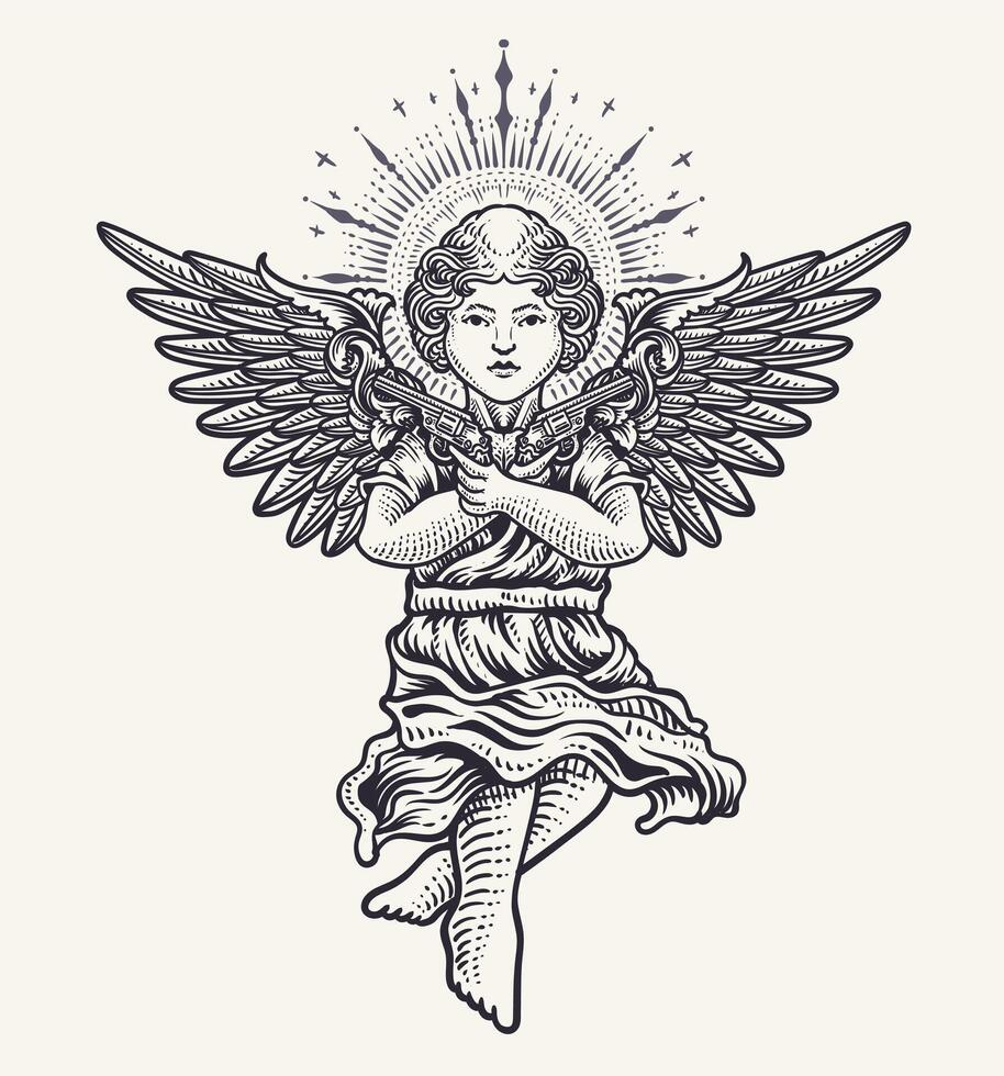 Cupid Angel with Halo and Dual Pistols in Vintage Engraving Style vector