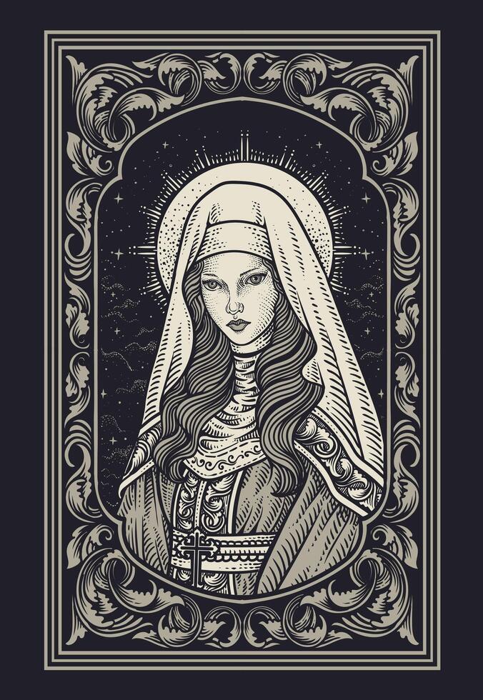 Illustration beautiful nun drawing with engraving style on engraving ornament frame. vector