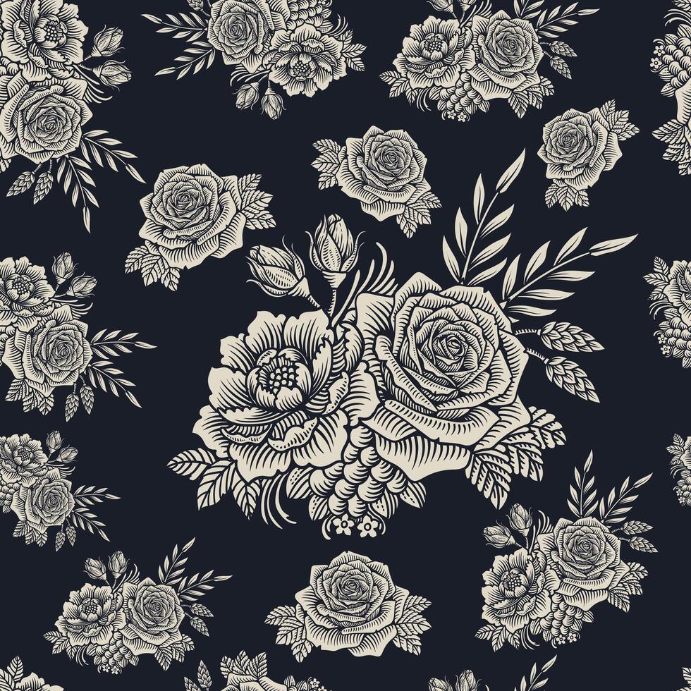 Vintage Seamless Pattern of Roses and Peonies with Leaves on Dark Background vector