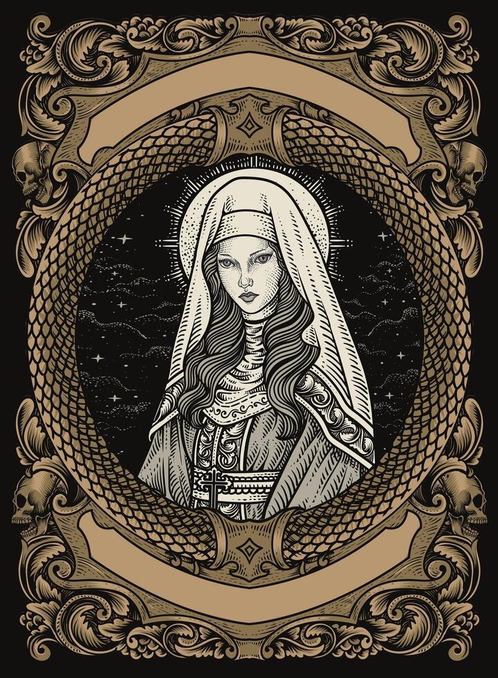 Illustration beautiful nun drawing with engraving style on engraving ornament border. vector