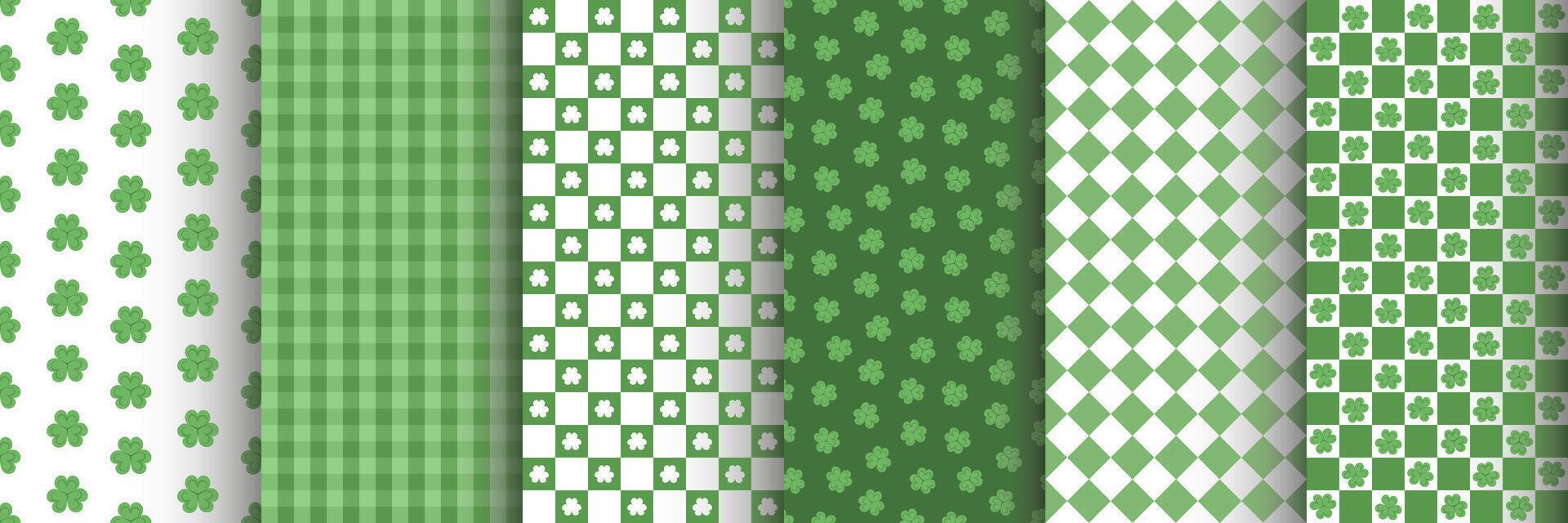 Set of chequered seamless patterns with clover leaves. St. Patrick's Day. Surface design for textile, fabric. Green and white colors. vector