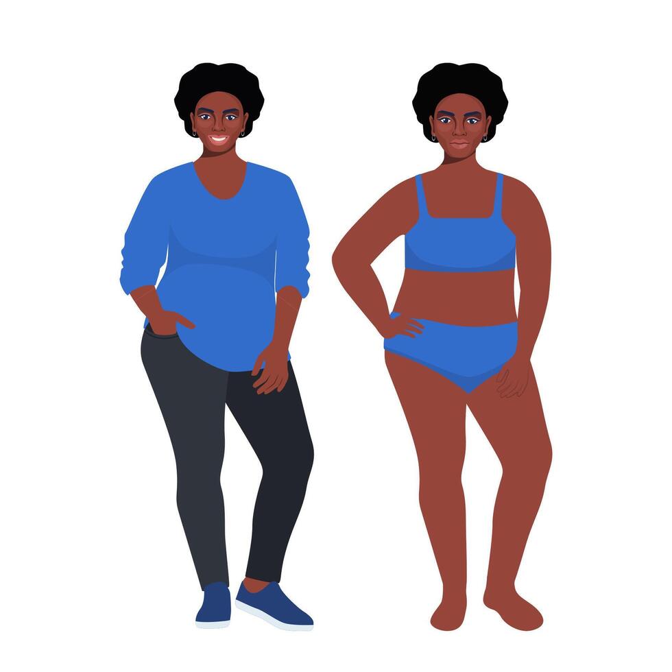 Oversize obesity, pretty large black woman in beautiful fashionable clothes and in underwear. Body positive woman. Plus size female character. Attractive curvy, overweight girl. illustration. vector