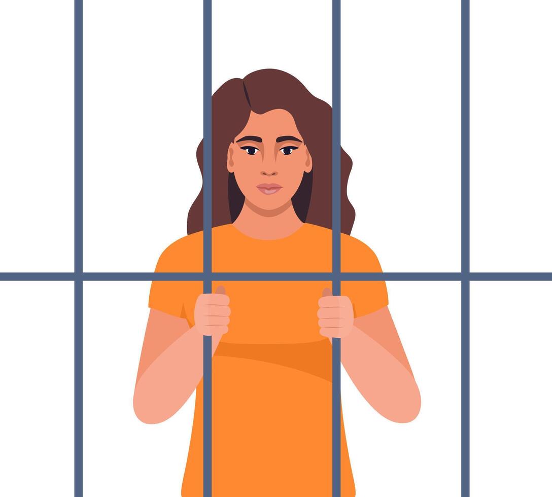 Woman in orange suit behind bars of a prison cell. Punishment system for crime and law breaking. illustration. vector