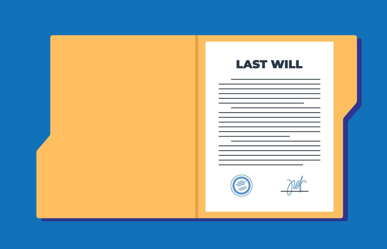 Opened folder and last will document in it. Last will and testament signed and sealed. illustration. vector
