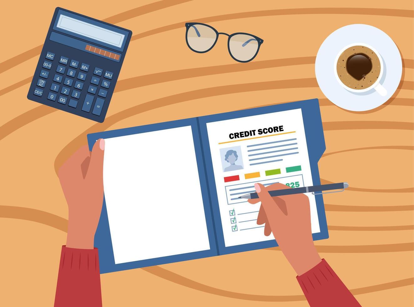 Credit score report in opened folder. Human hands with pen. Coffee and calculator. illustration. vector