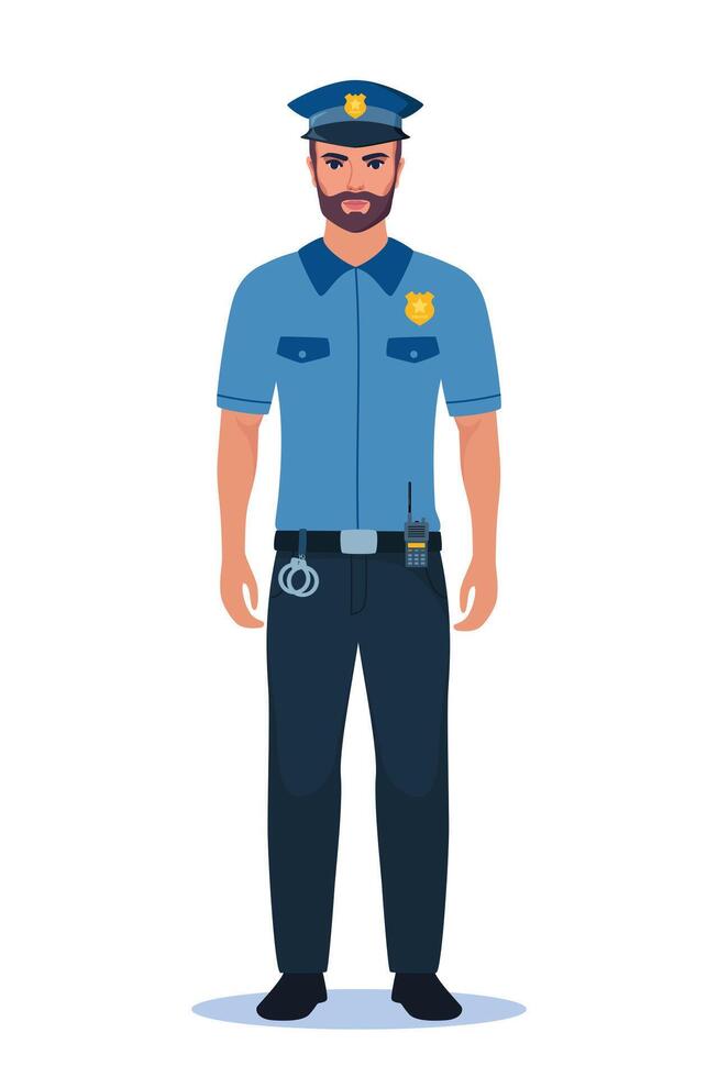 Police officer man in uniform standing in front view. Profession people concept. Job at police station. Policeman character. illustration. vector