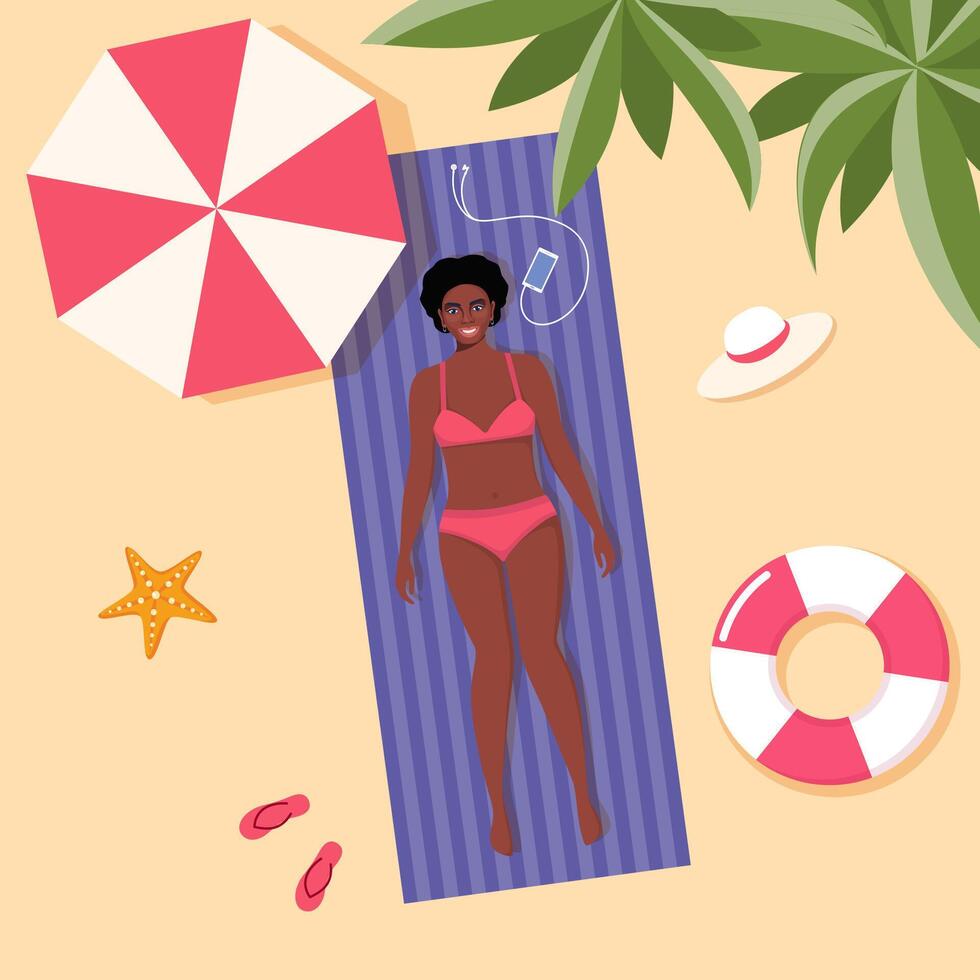 Black woman in swimsuit sunbathes on the beach. Top view beach background. Summer time vacations. illustration. vector
