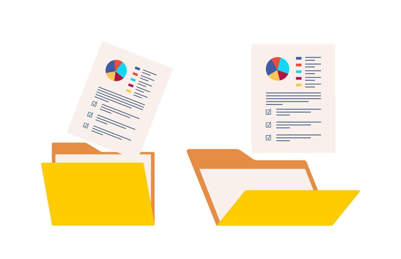 Opened yellow folder and documents, statistical data with charts, diagrams. Workplace documents for financial statistics, reporting, strategy development. Data analysis. illustration. vector