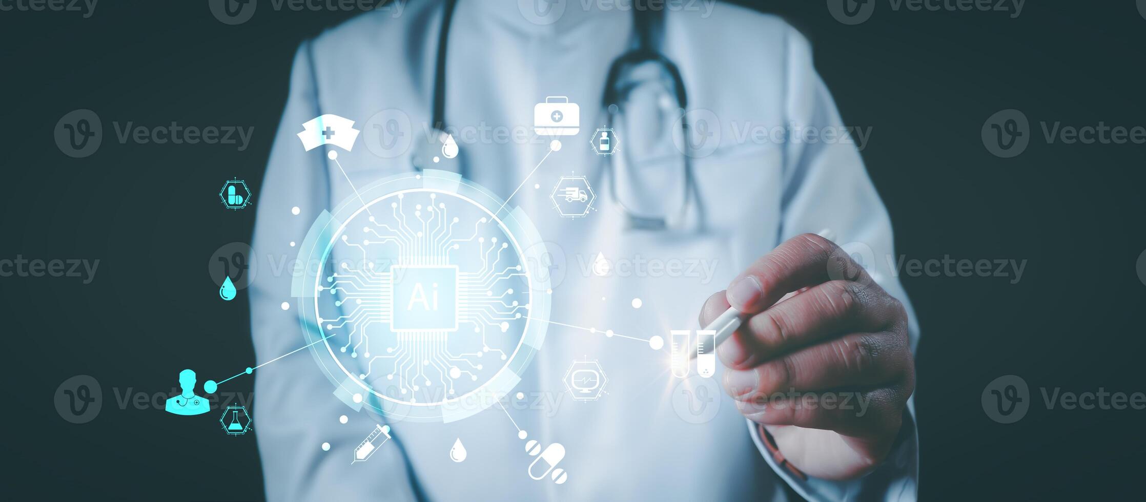 Medical worker using stethoscope on virtua medical AI technology services concept.Doctor hold virtual medical revolution and advance of technology photo