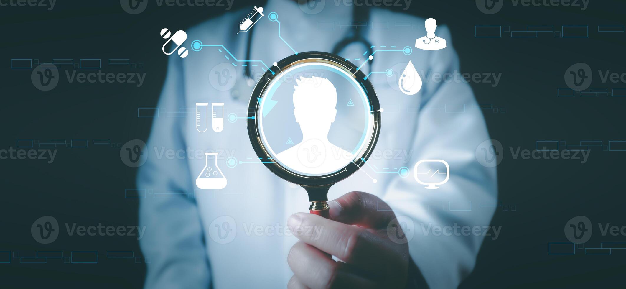 Doctor holding a magnifying glass to medical documents with digital health and technology concepts, virtual screens showing medical data, Using magnifier loupes in virtual healthcare. photo