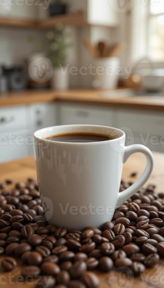 Close-Up of a Coffee Cup with Coffee Beans on a Cozy Kitchen Counter vertical photo