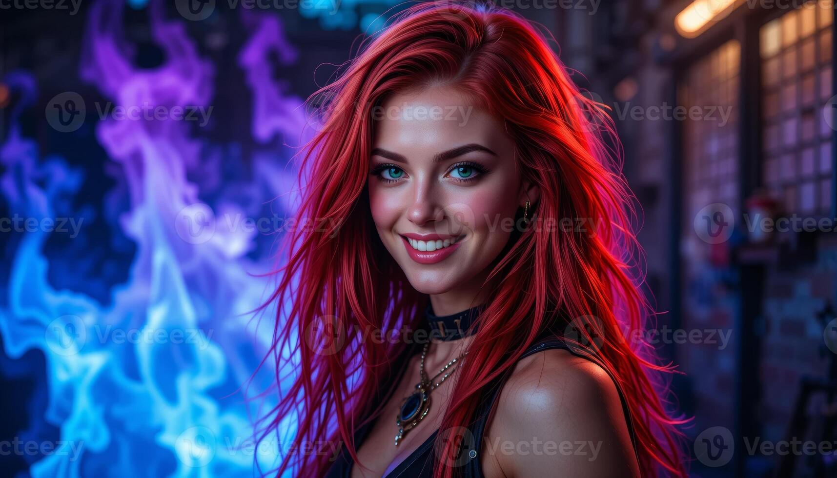 horizontal smiling Rock-Styled Woman with Red Hair and Colorful Smoke and Lights in Blue and Pink Background photo