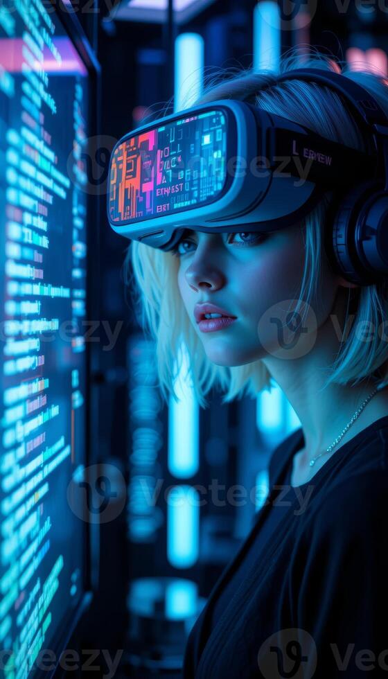 vertical Virtual Reality Vision Attractive Blonde Woman with VR Headset Viewing Glowing Code on a Monitor, Sci-Fi and Cyberspace Concept photo