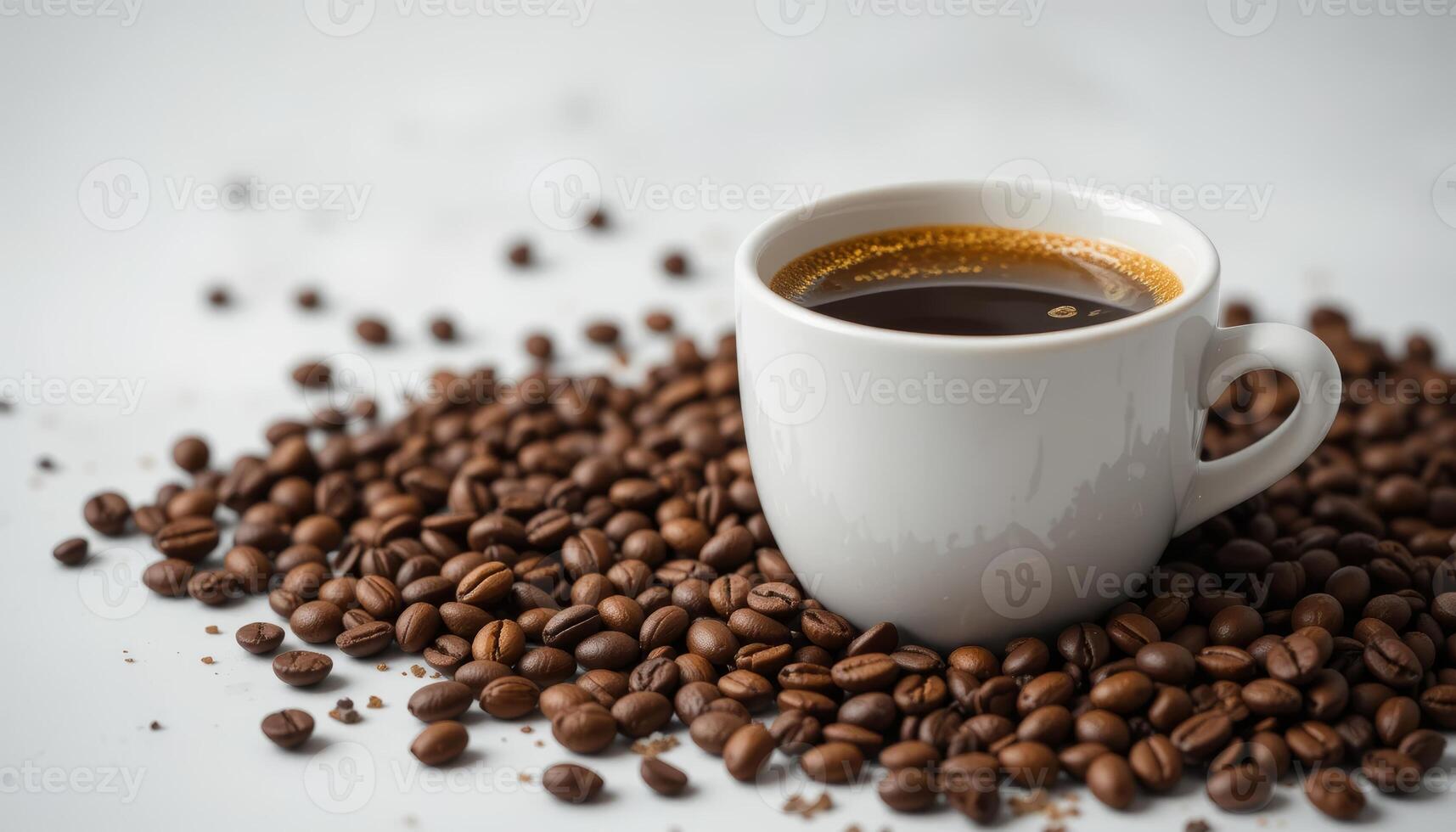 Coffee Cup with Coffee Beans on White Background and Copy Space horizontal photo