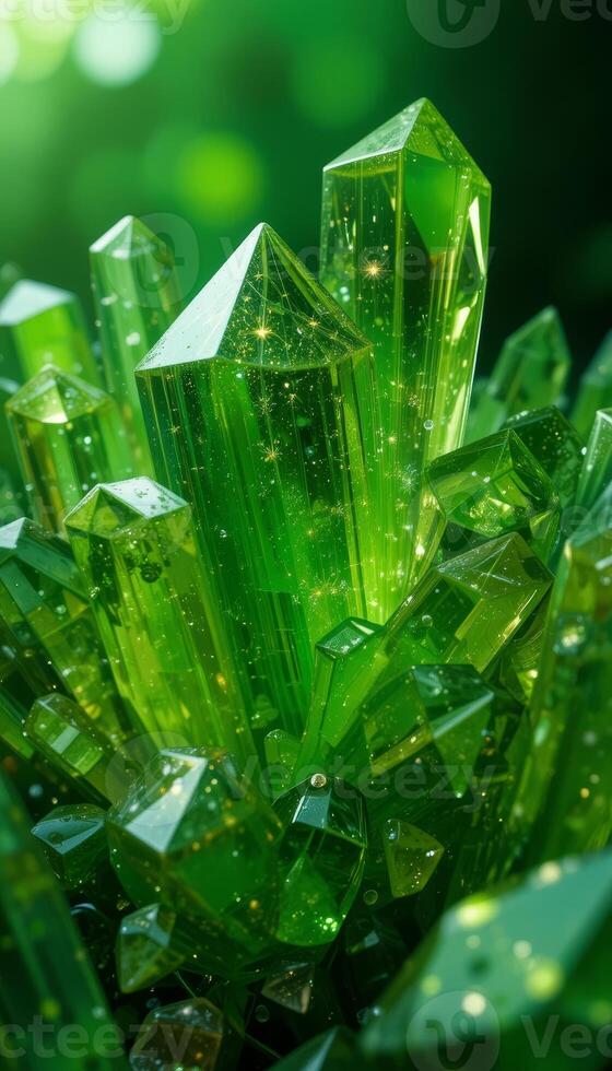 Glowing green Crystals and Colorful Gemstones vertical photo