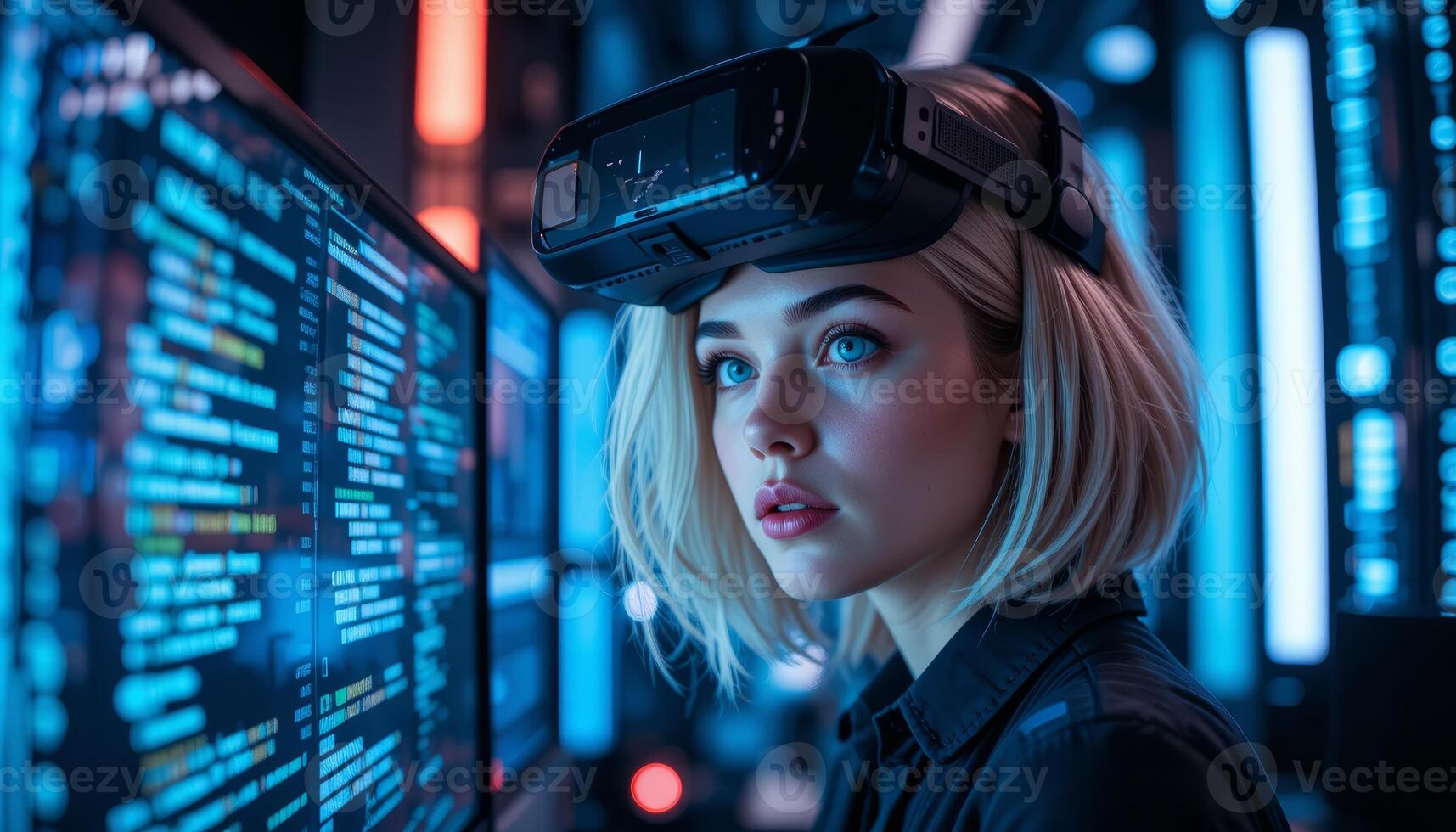 horizontal Virtual Reality Vision Attractive Blonde Woman with VR Headset Viewing Glowing Code on a Monitor, Sci-Fi and Cyberspace Concept photo