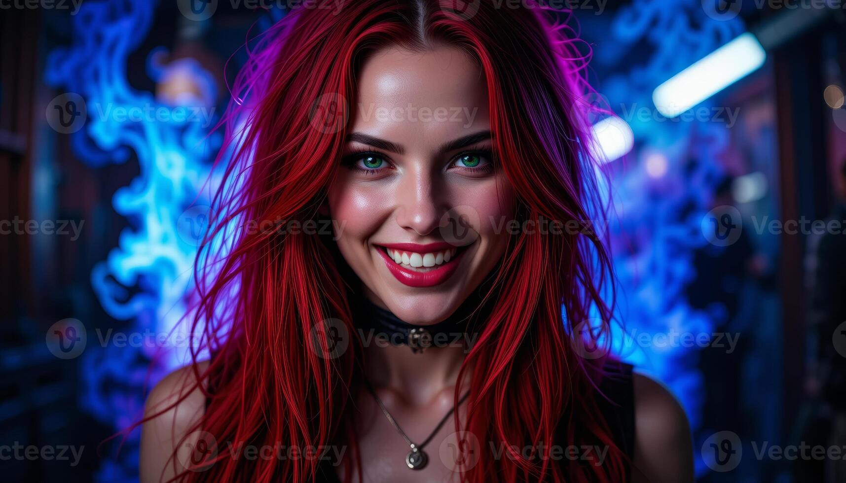 smiling Rock-Styled Woman with Red Hair and Colorful Smoke and Lights in Blue and Pink Background photo