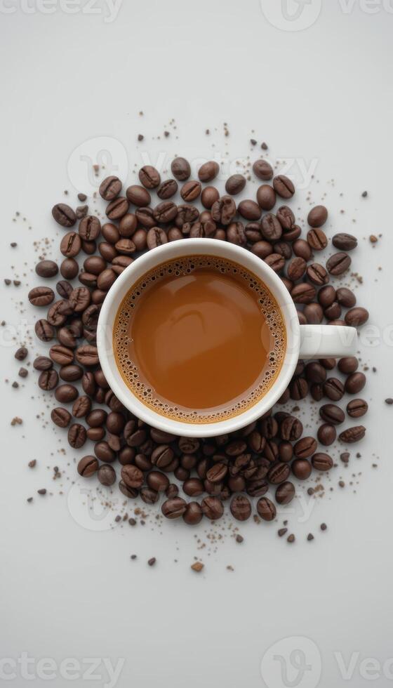 Coffee Cup with Coffee Beans on White Background and Copy Space vertical above photo