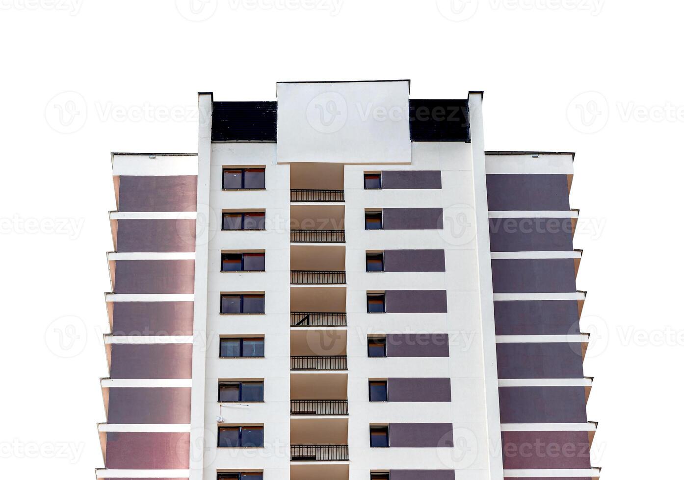 Tall, modern multistory condominium building with residential facade. Concrete structure with large photo