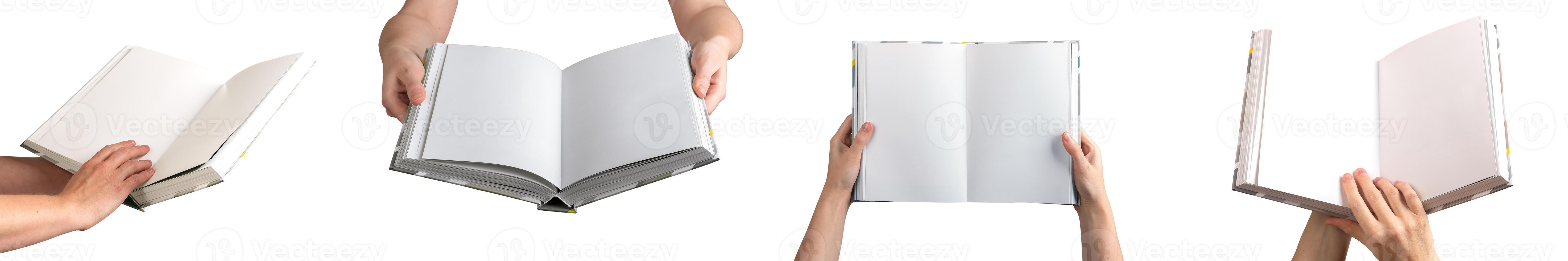 A person holding an open, blank hardcover book, showcasing clean, white pages for writing, design, photo