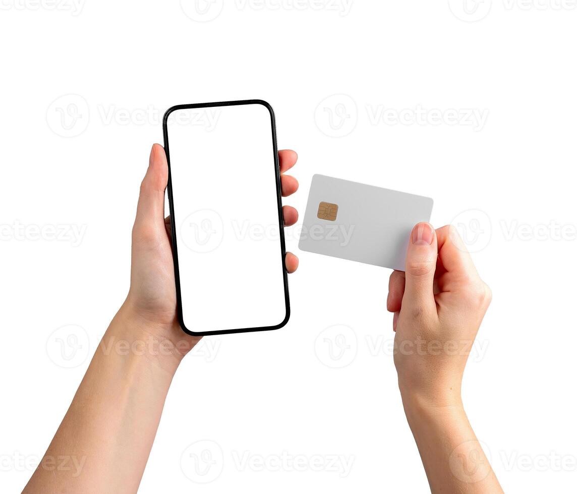 Female hand holding a blank smartphone, ideal for showcasing mobile payments, shopping, and photo