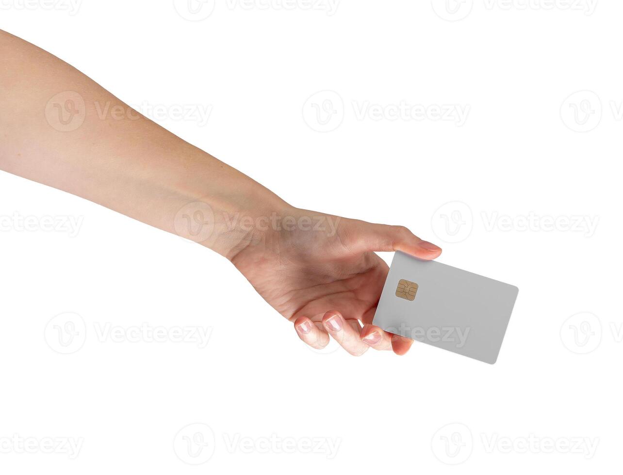 Female hand holding a credit card with a chip, symbolizing cashless payment, shopping, or financial photo