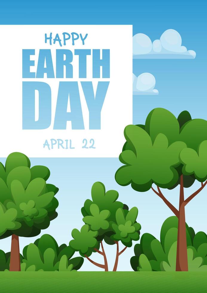 Happy Earth Day card. Greetings for the Earth Day holiday, background with cartoon trees and sky vector