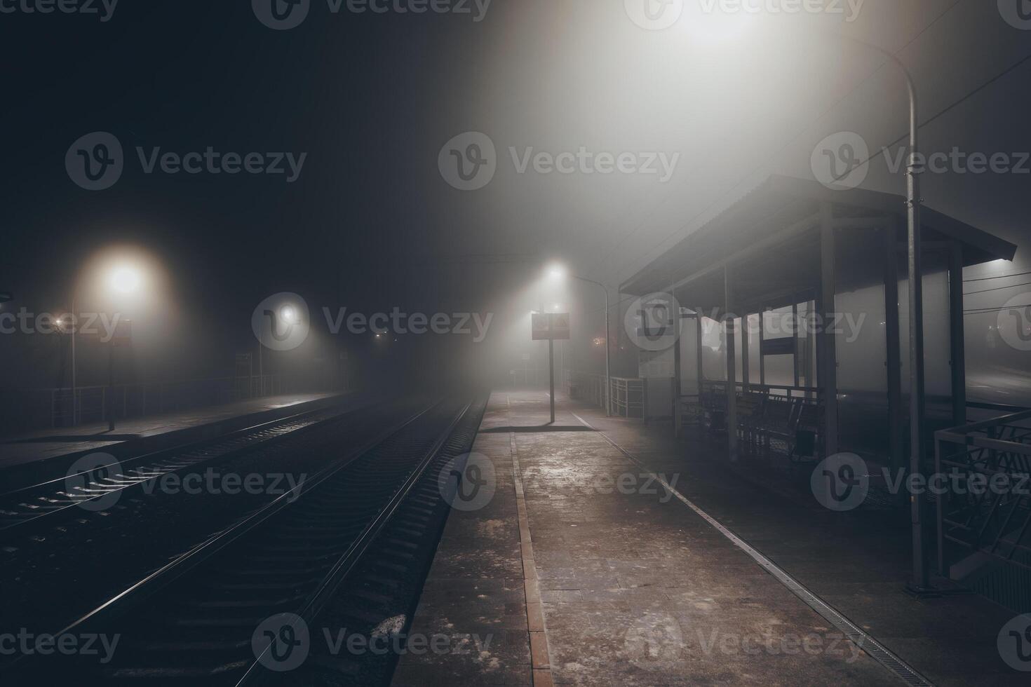Foggy railway station, railroad tracks in the fog photo