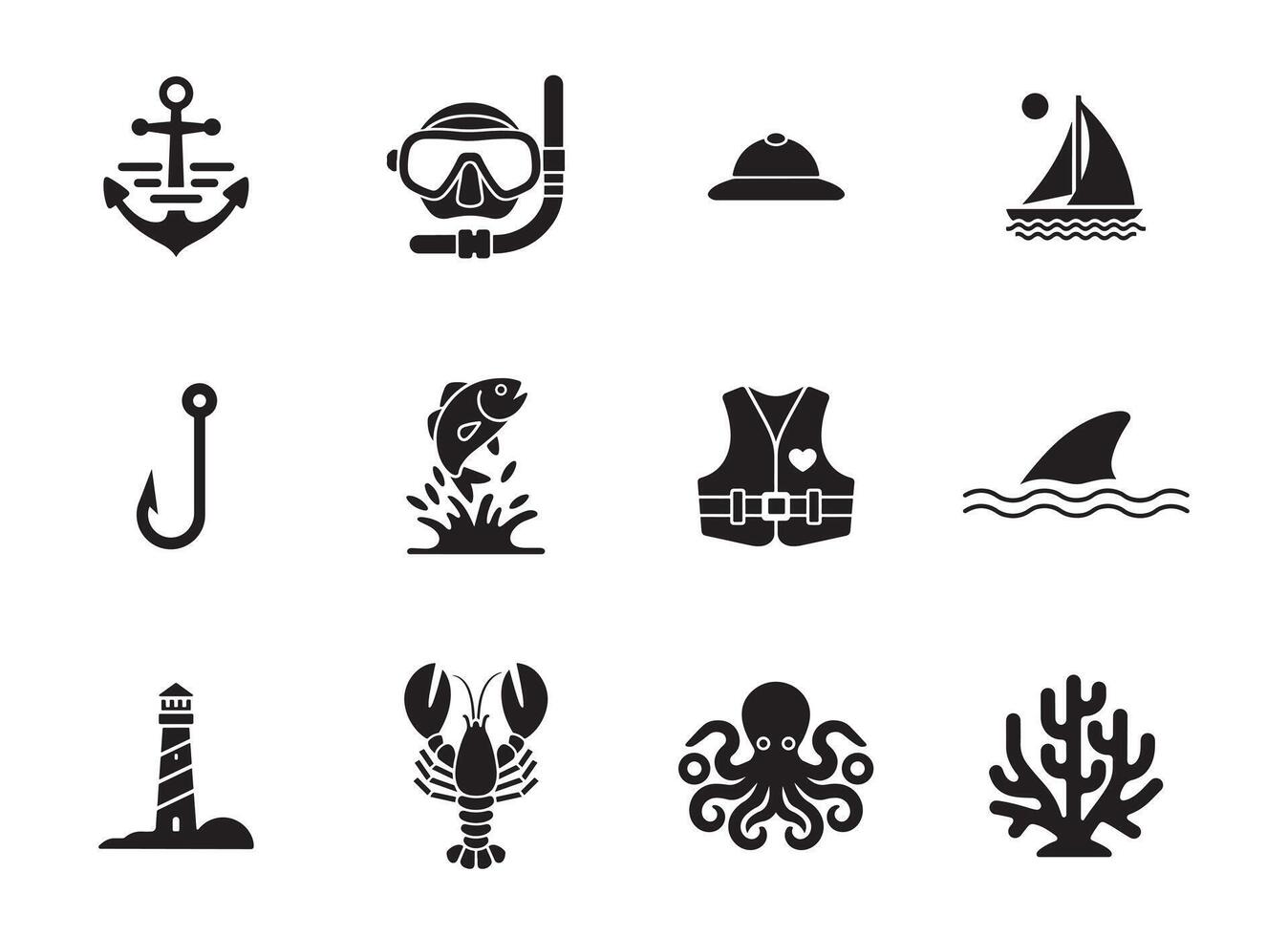 Bold and Simple Fishing Icons with Marine Life Elements vector