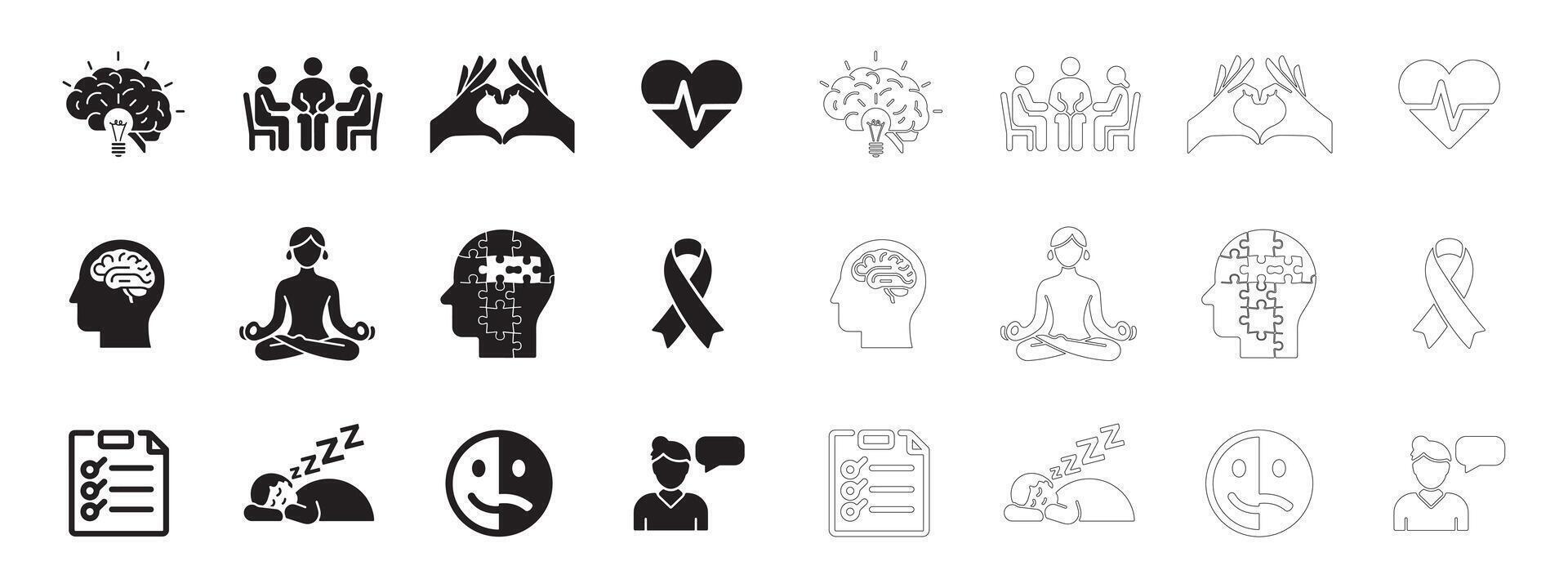 Essential Wellbeing and Mindfulness Icons in a Sleek Outline Style vector