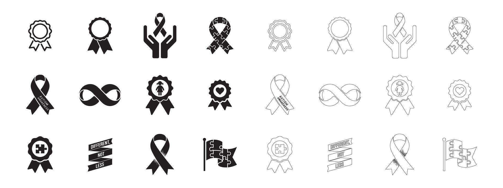 Autism Awareness Ribbon icons set. Editable minimalist and outline vector