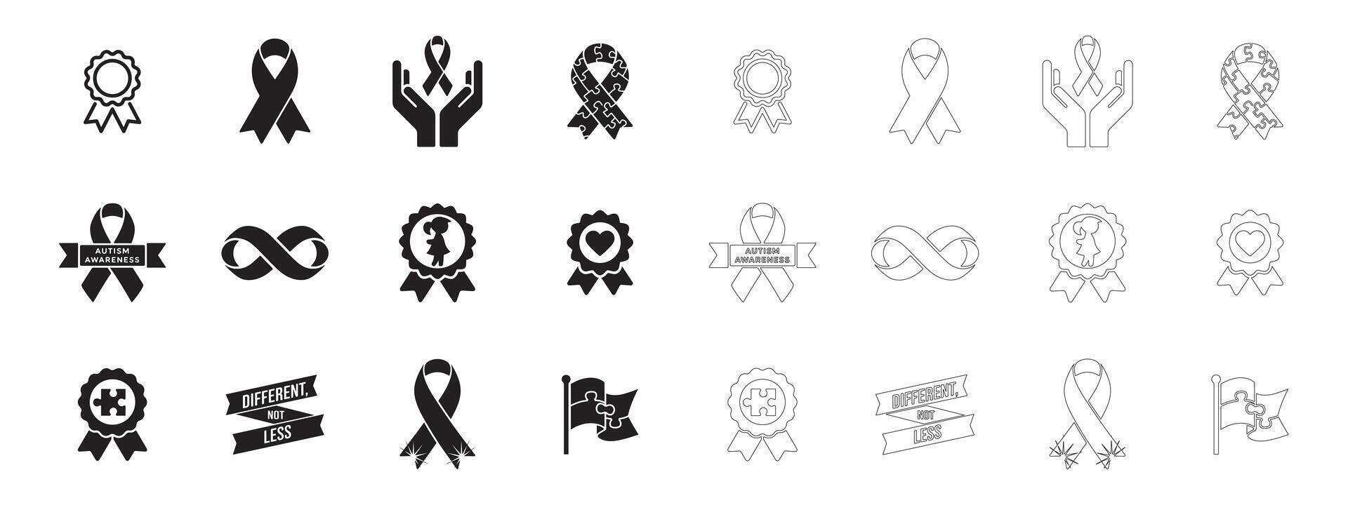 Autism Awareness Ribbon icons set. Editable minimalist and outline icons. vector
