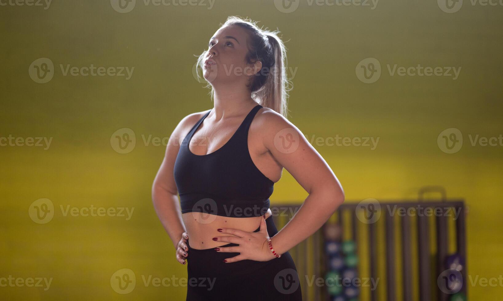 A fit and determined woman takes a short break during an intense workout session at the gym, showcasing strength and perseverance. photo