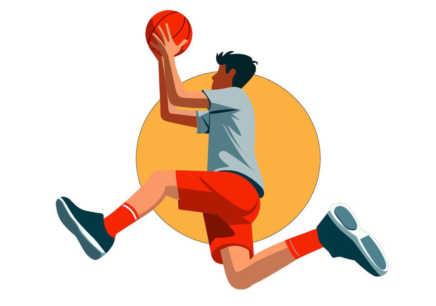 Flat illustration of a male basketball player shooting a basketball into a hoop. vector