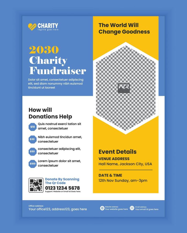 Charity and donation flyer design or fundraiser poster, handbill template vector