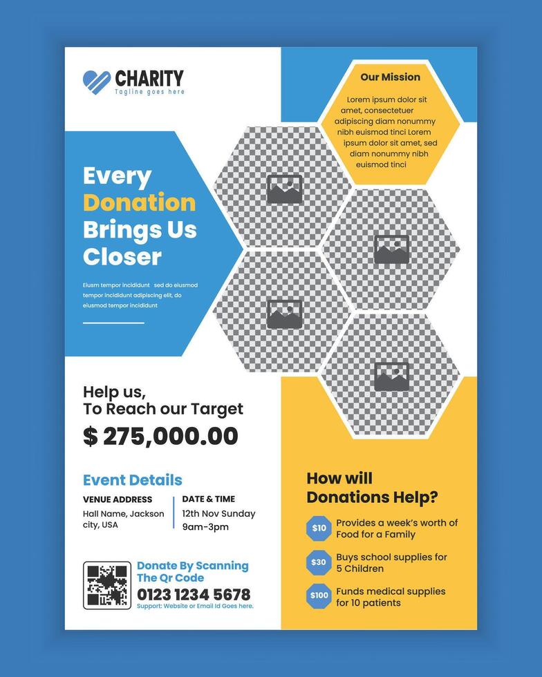 Donation flyer design template or charity fundraiser poster template vector