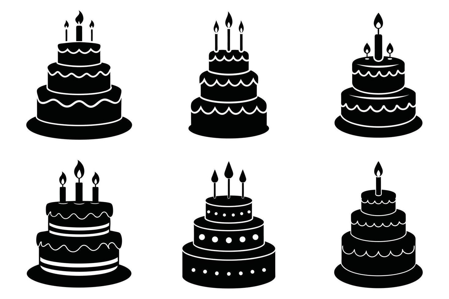 Black and white birthday cake silhouettes for design vector