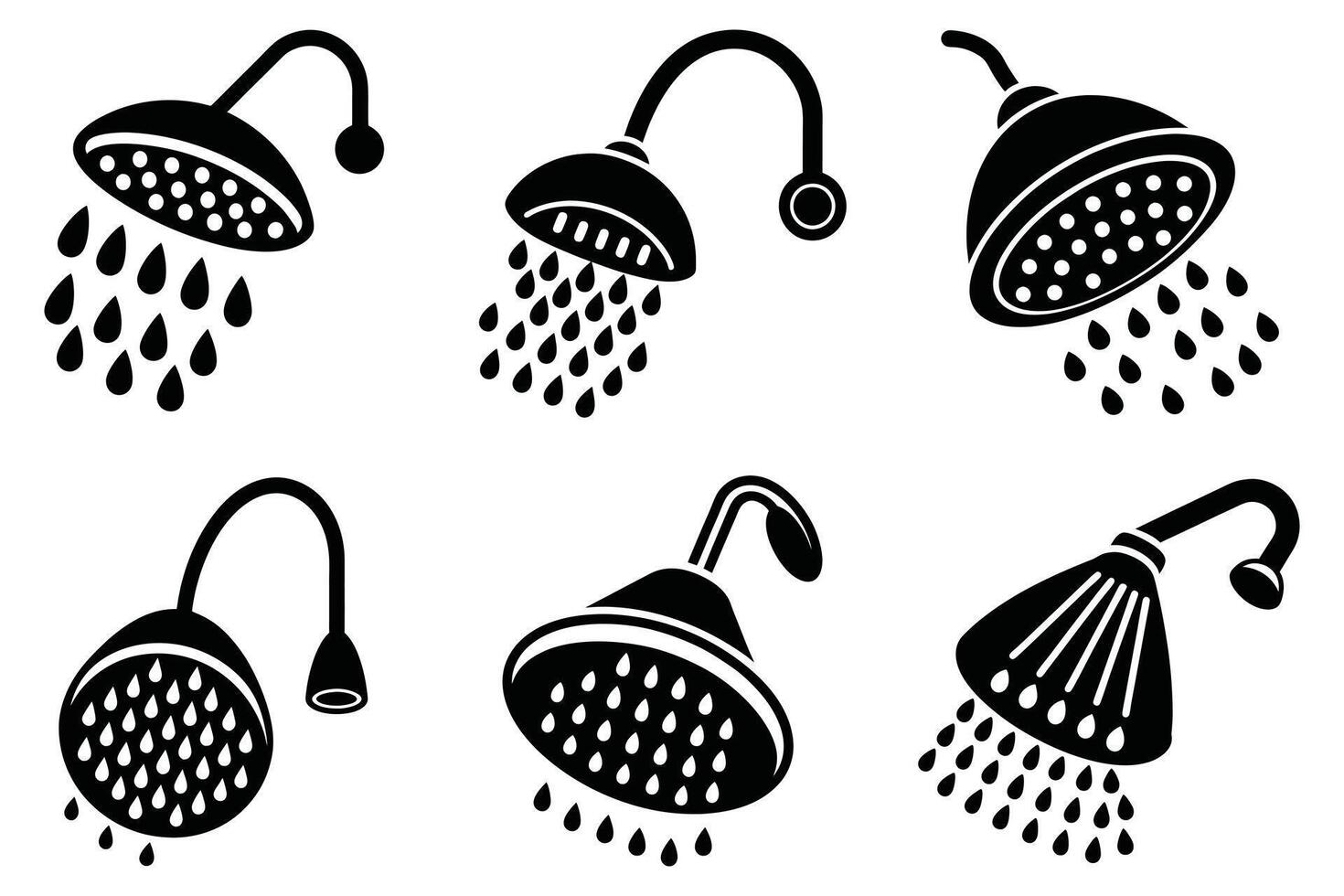 Simple black and white shower head icons with water drops. vector