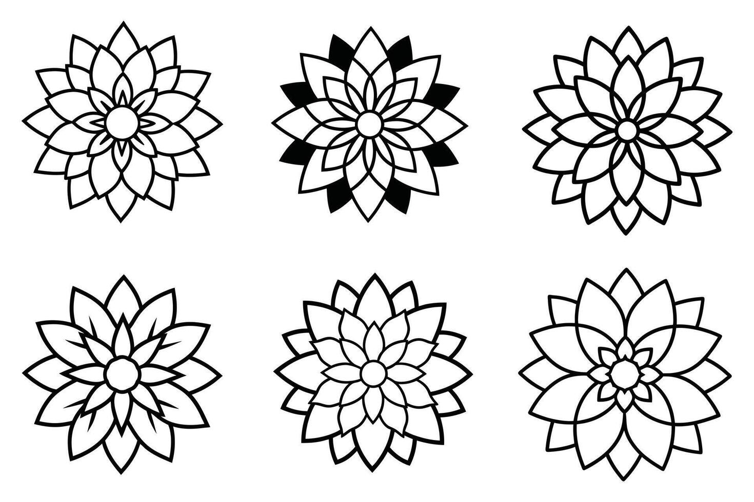 Set of six black and white dahlia flower icons with multiple layers. vector