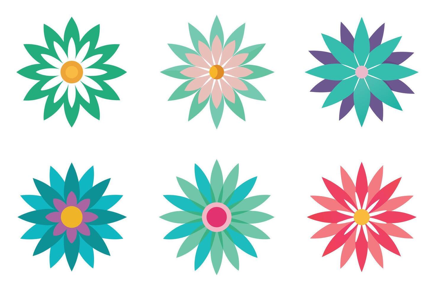 Six Colorful Floral Icons Against a White Background vector