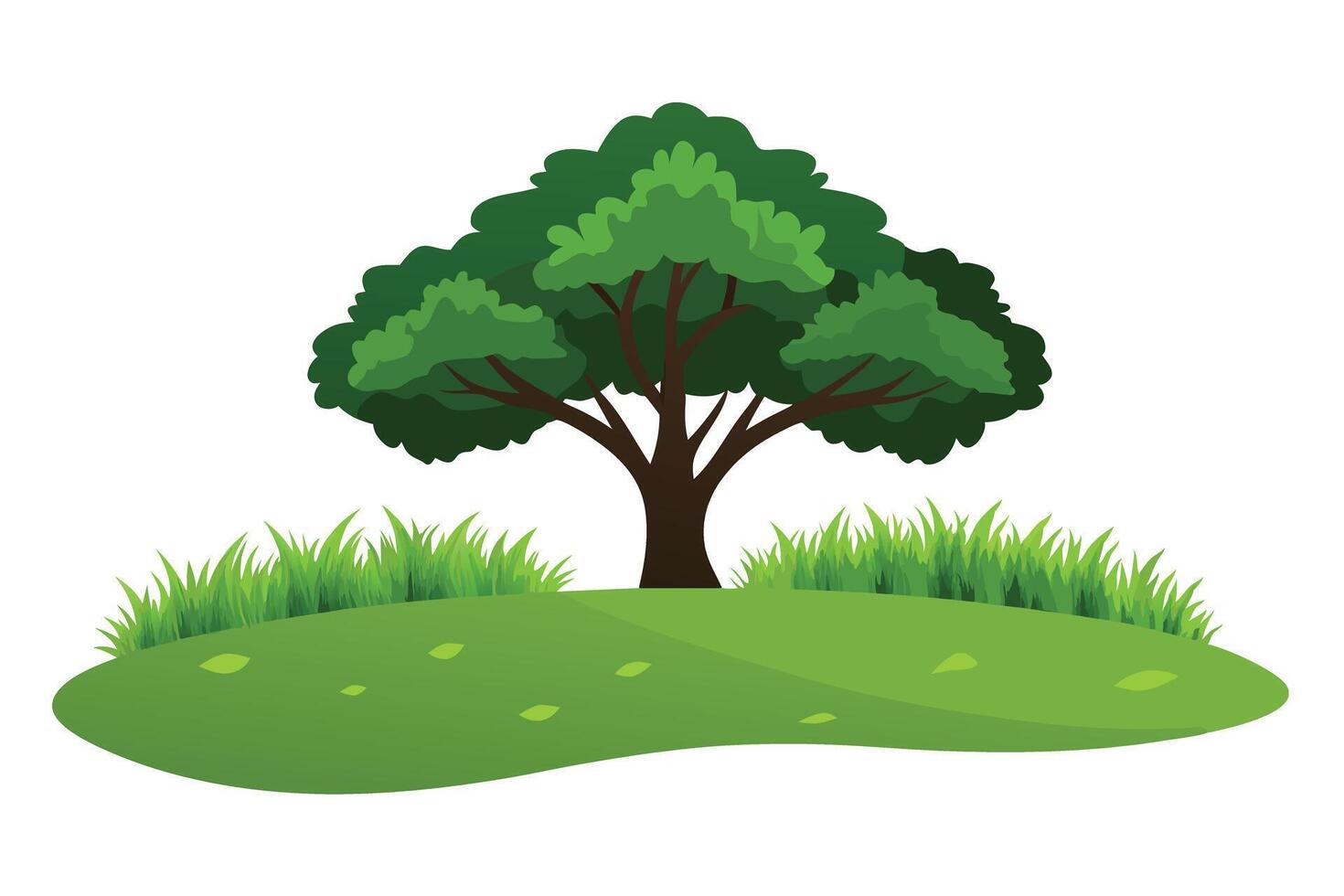 Cartoon illustration of a tree on a grassy hill. vector