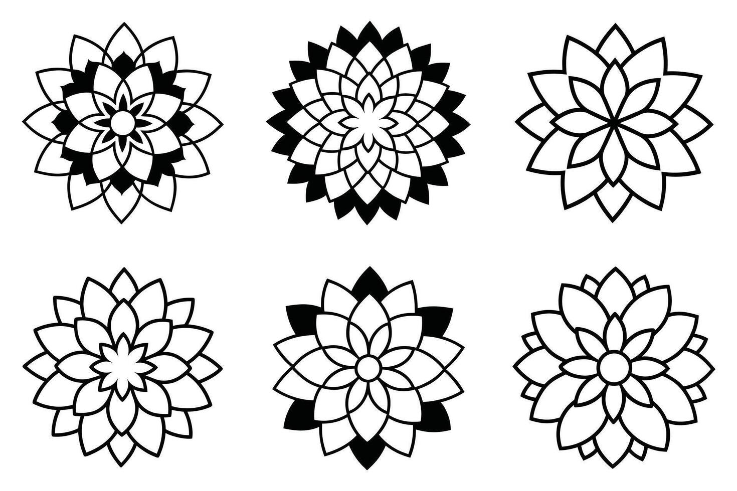 Six black and white dahlia flower icons with multiple layers. vector