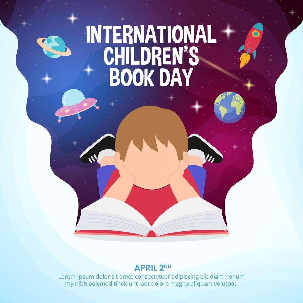 International Children's Book Day design with a child and an open book and outer space vector