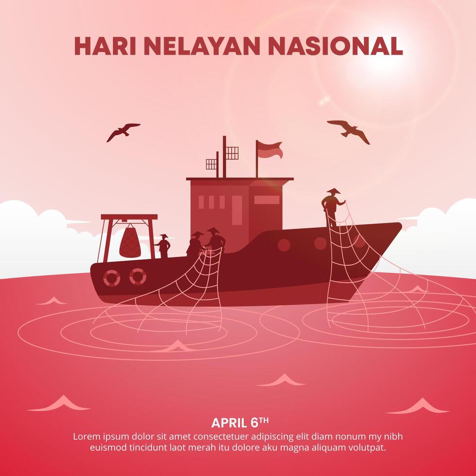 Hari Nelayan Nasional or Indonesia National Fisherman Day design with fisherman boat on the sea vector