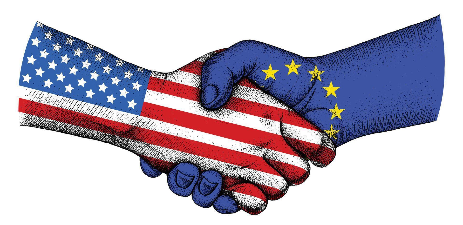 Handshake with flags of EU and USA vector