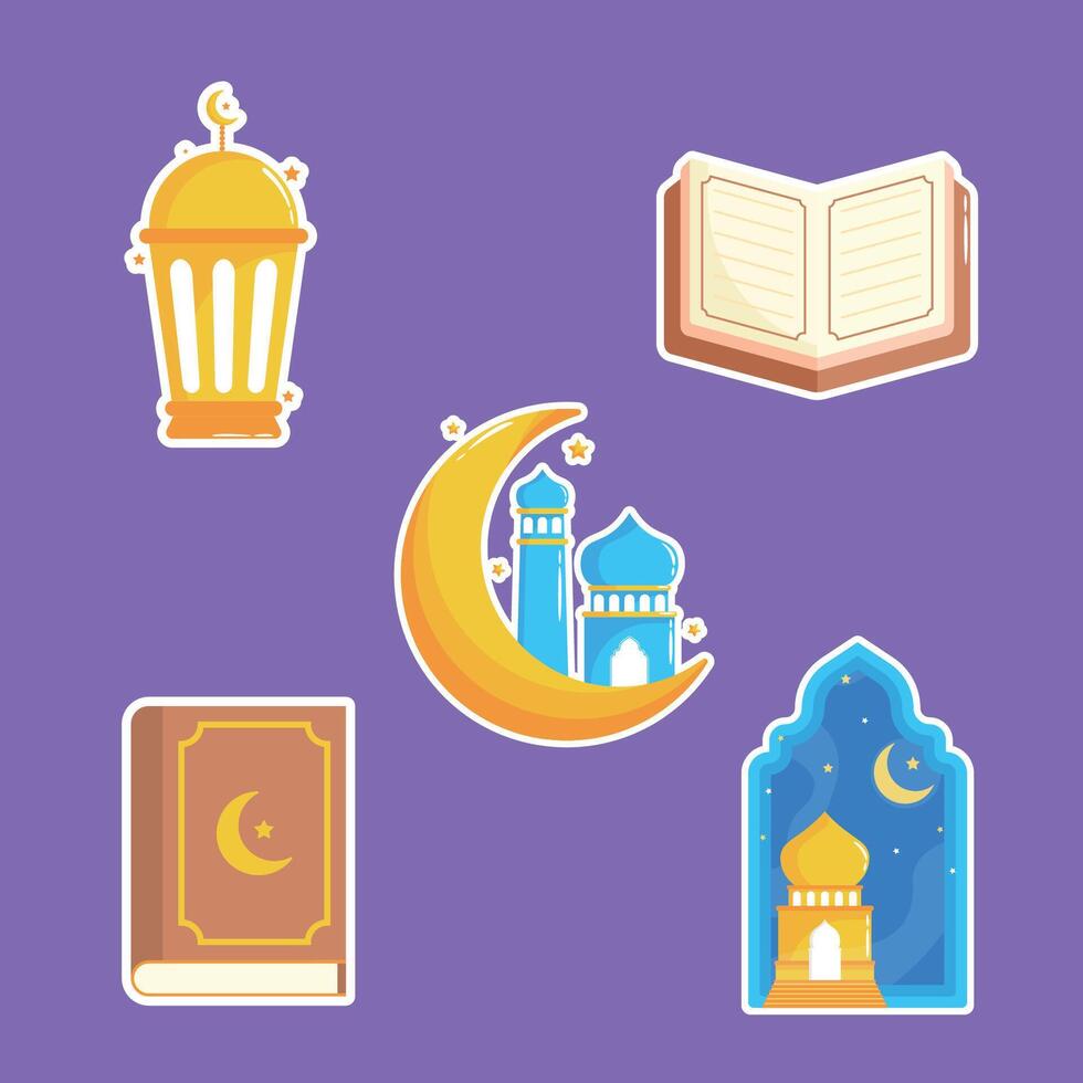 Set of ramadan icon graphic illustration, boho frame, lantern, mosque, moon, crescent moon flat design cartoon style. vector