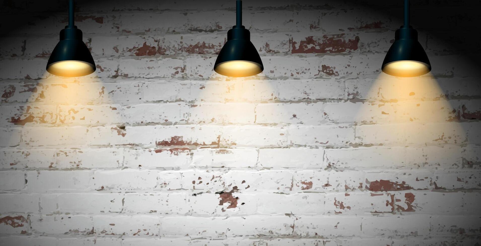 Old Brick wall with a worn illuminated by three black pendant lights casting a warm glow. Ideal for backgrounds, interior design, promotional, presentations, creative projects. illustration vector