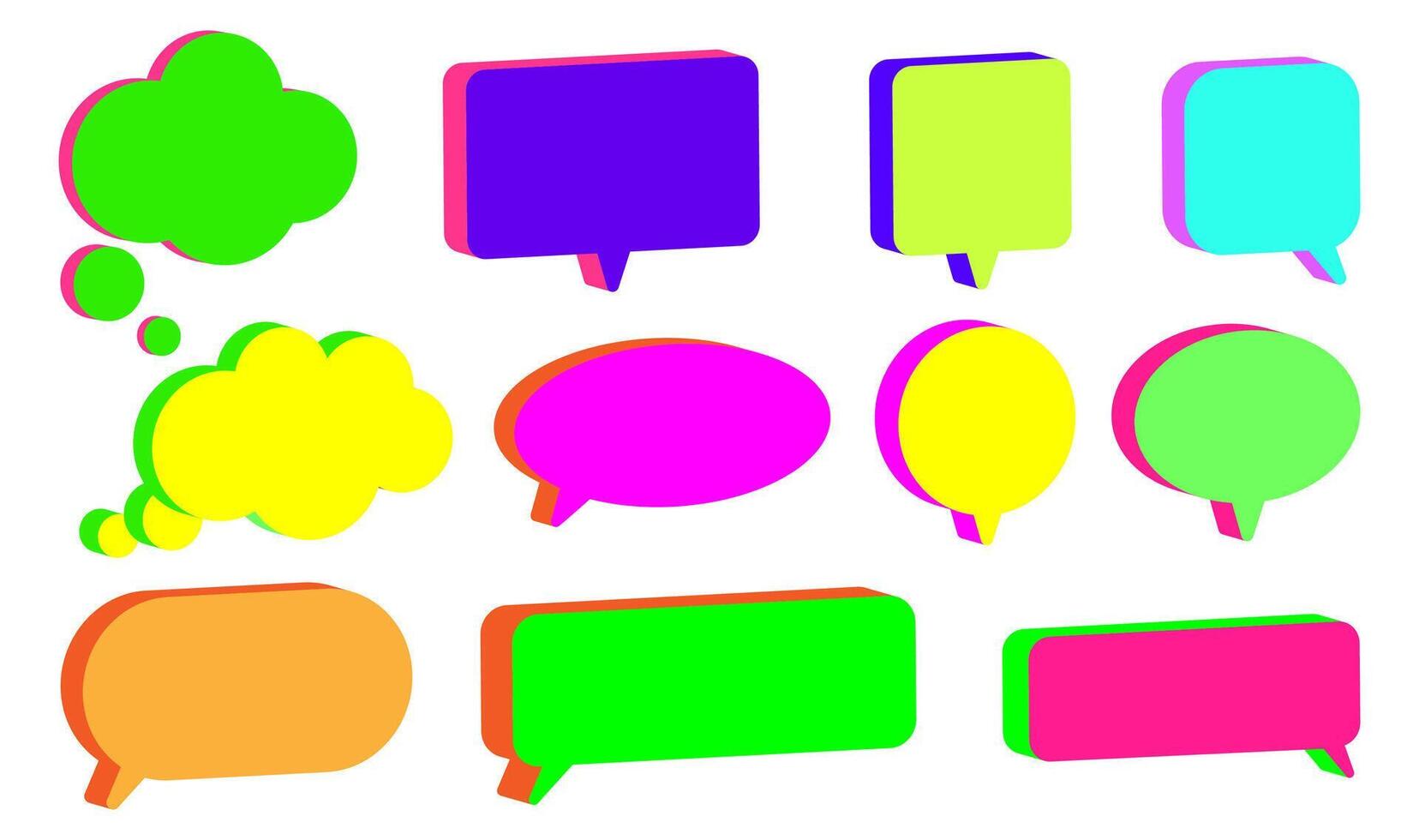Colorful 3D speech and thought bubbles in a neon pop art style set. Various shapes and sizes, perfect for comics, chat designs, social media graphics, stickers, posters, digital illustrations. vector