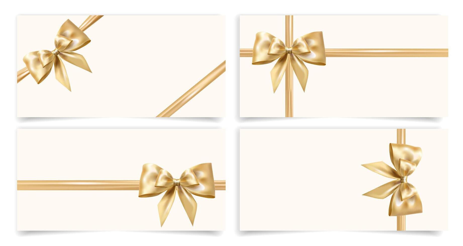 Elegant gift cards templates set with realistic golden ribbons and bows. Perfect for gift vouchers, certificates, event invitations, holiday greetings, and luxury branding. illustration vector